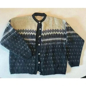 WOOLRICH Women’s Fair isle Nordic Wool Sweater Silver Button XL Blue USA Vintage
